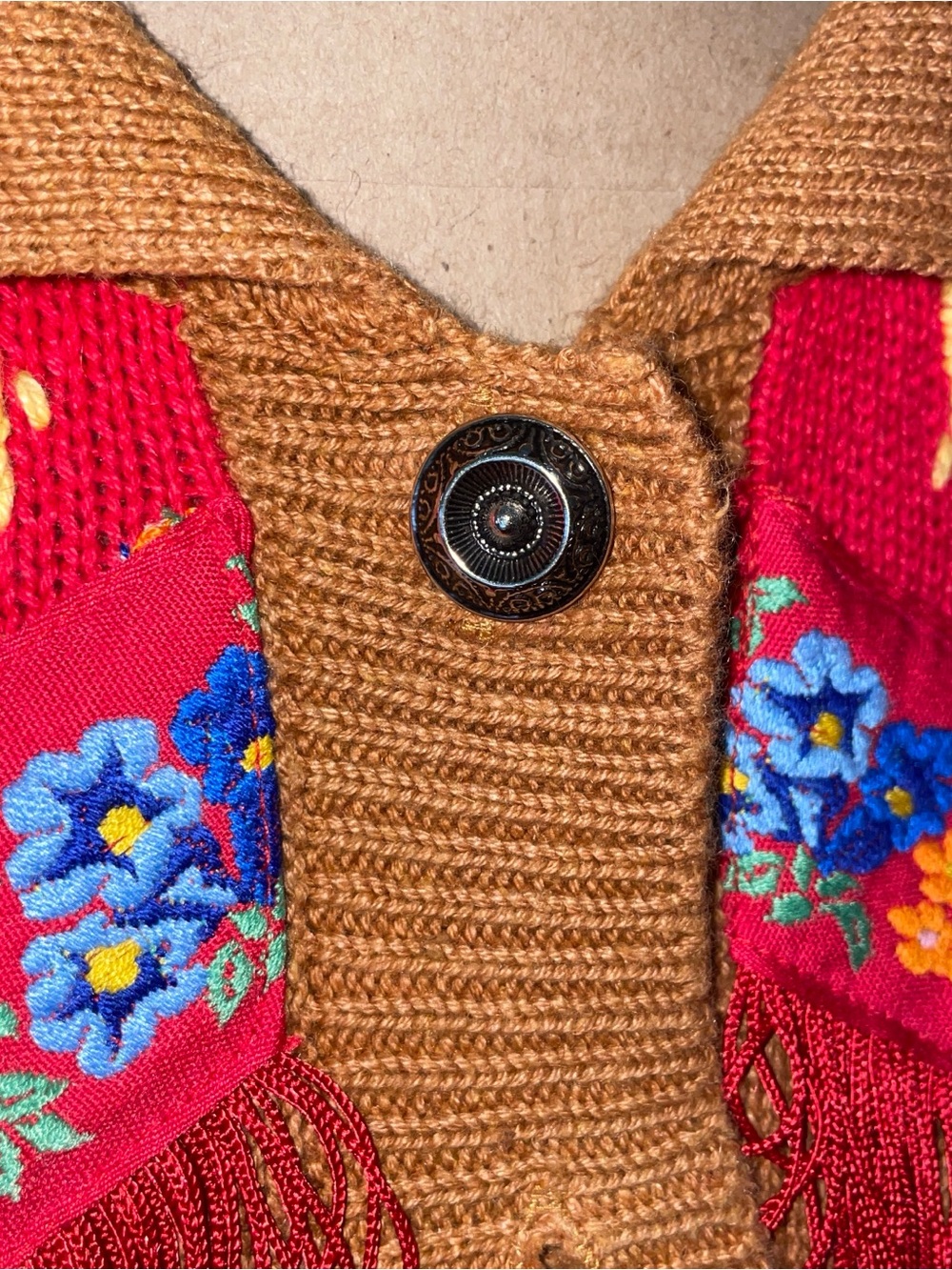 Embroidered Brown & Red‎ Fringe Button-Up Cardigan - Picture 6 of 10